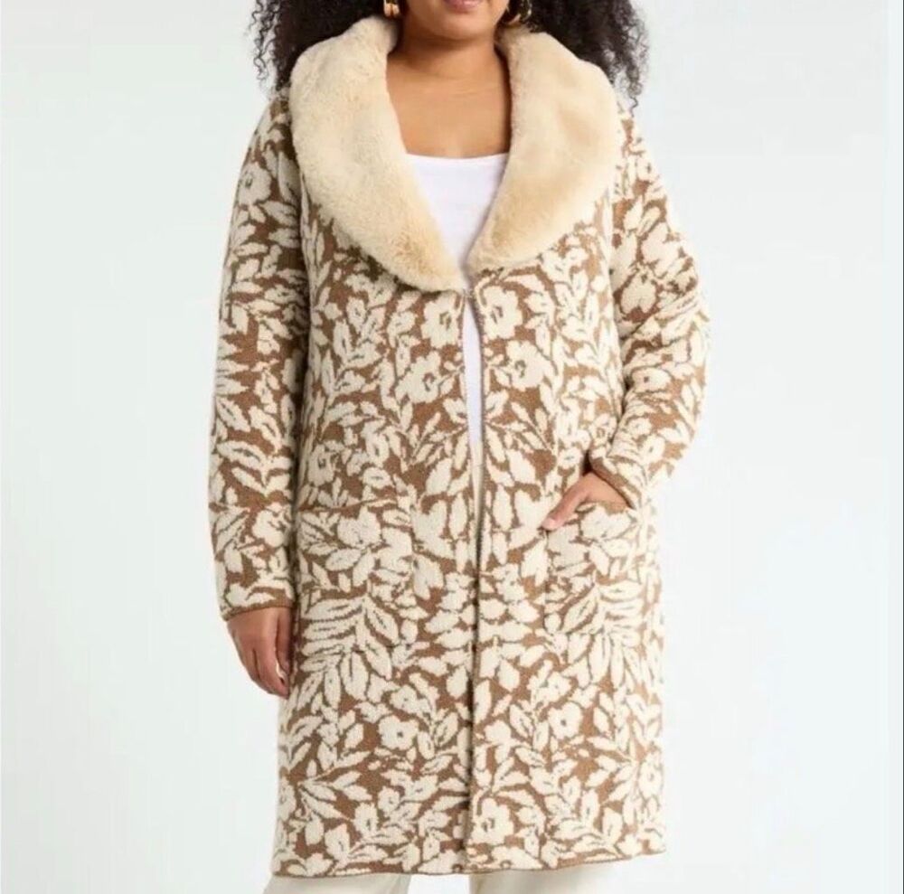 DR2 Floral Faux Fur Collar Sweater Coatigan Cream Tan Women’s Plus 2X NWT